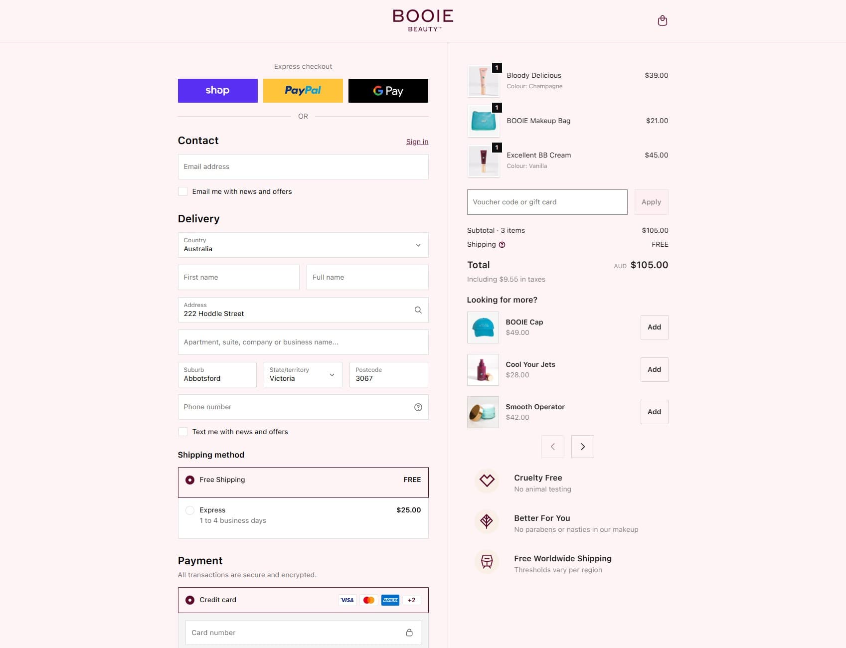 Booie checkout, branded with Checkout Components