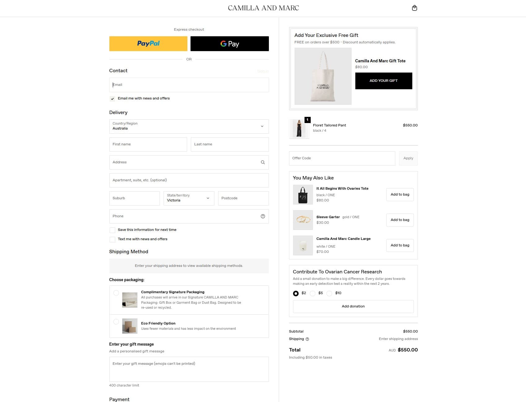 Camilla & Marc checkout, branded with Checkout Components