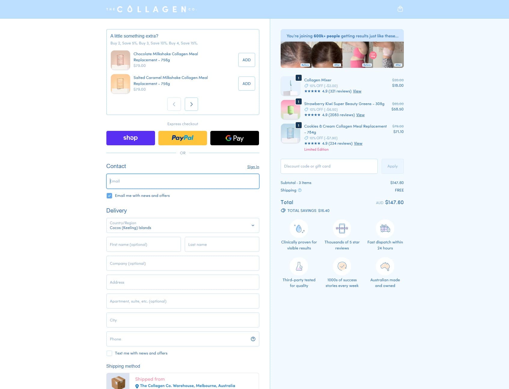 Collagen Co checkout, branded with Checkout Components