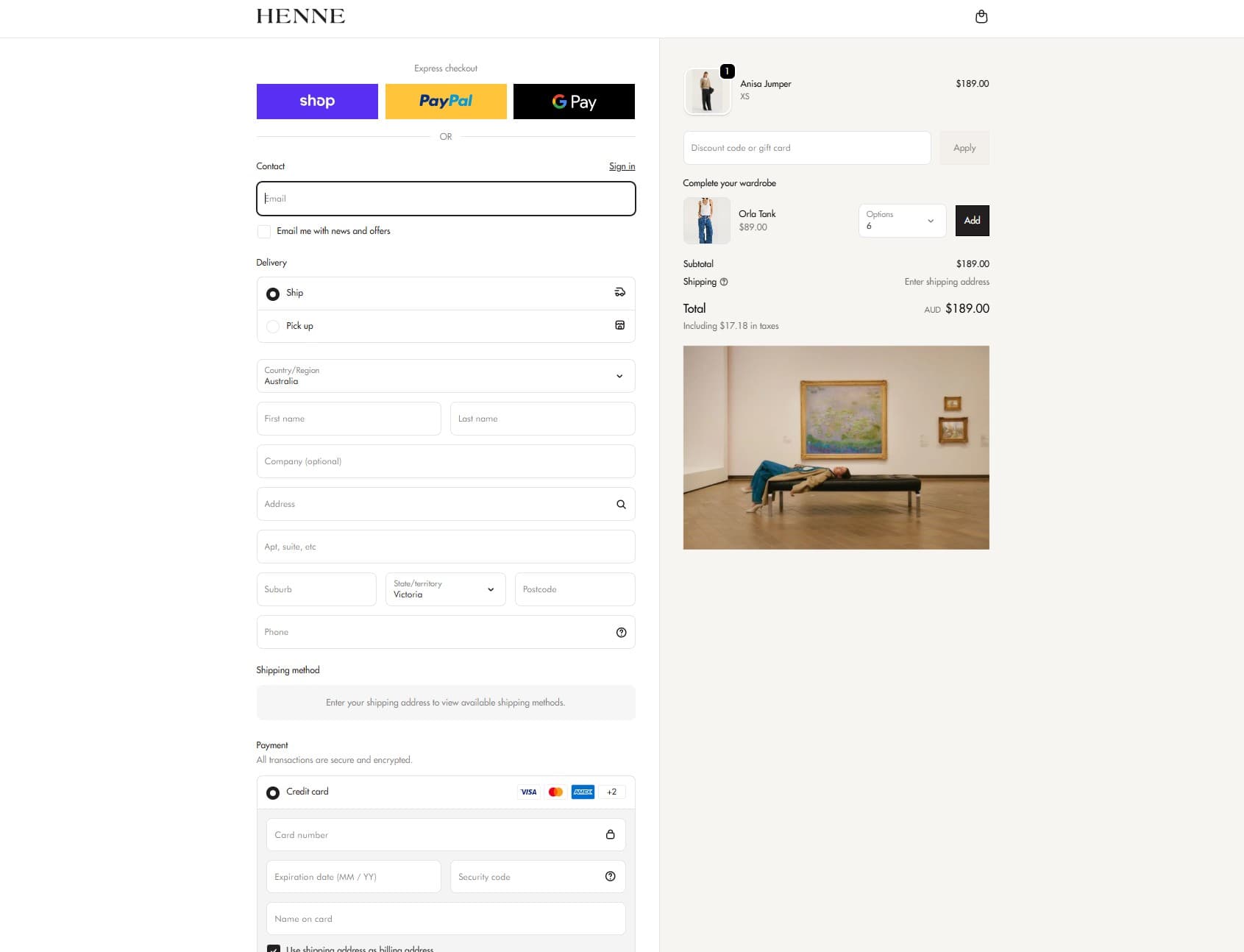 Henne checkout, branded with Checkout Components