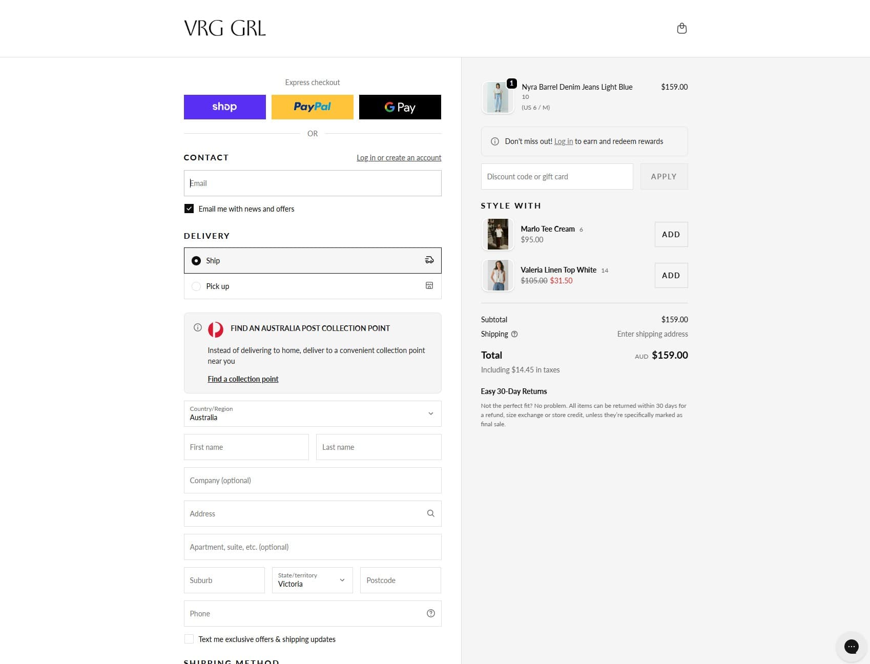 VRG Girl checkout, branded with Checkout Components