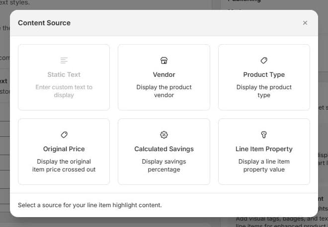Content Source modal: static text, vendor, product type, original price, calculated savings, and line item property