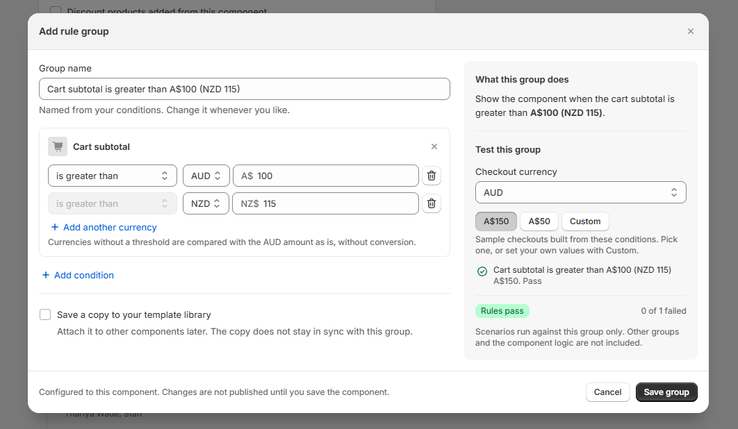 Cart subtotal rule with separate AUD and NZD thresholds and a checkout currency test