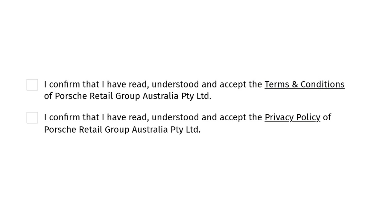 Checkbox in Porsche Cars Australia's checkout