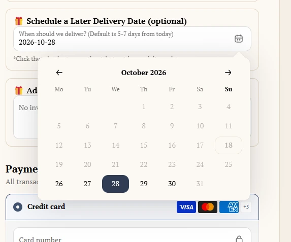 Date picker in Amish Baskets's checkout