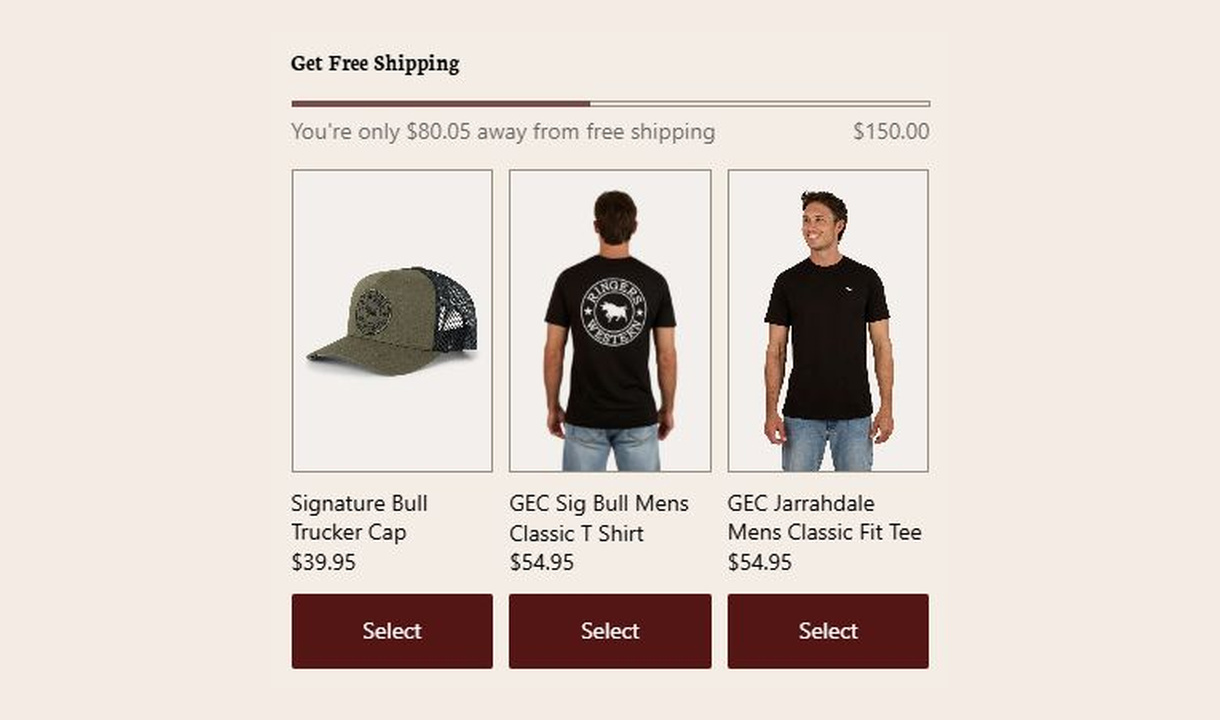 Free shipping upsell in Ringers Western's checkout