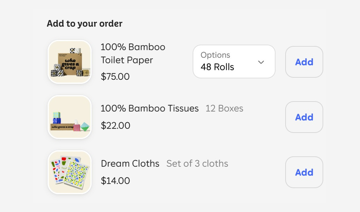 Upsell list in Who Gives A Crap USA's checkout