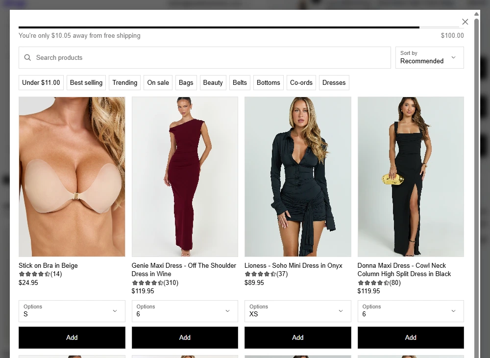 SHOWPO's catalogue search in checkout, with remaining spend, a price-aware shortcut, collection filters, search, and variant choices