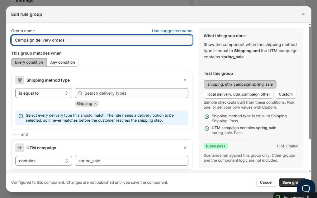 Conditions matching a shipping method and a UTM campaign in Checkout Components