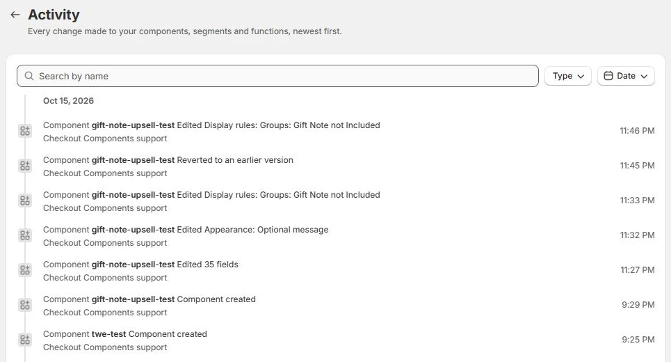 The Activity page showing component changes and their dates
