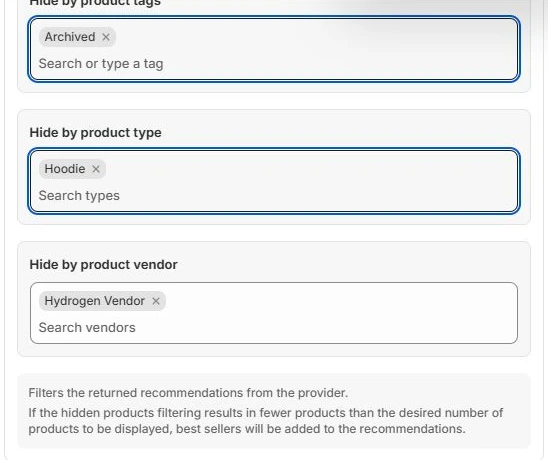 Hidden-product rules with a product tag, type, and vendor selected