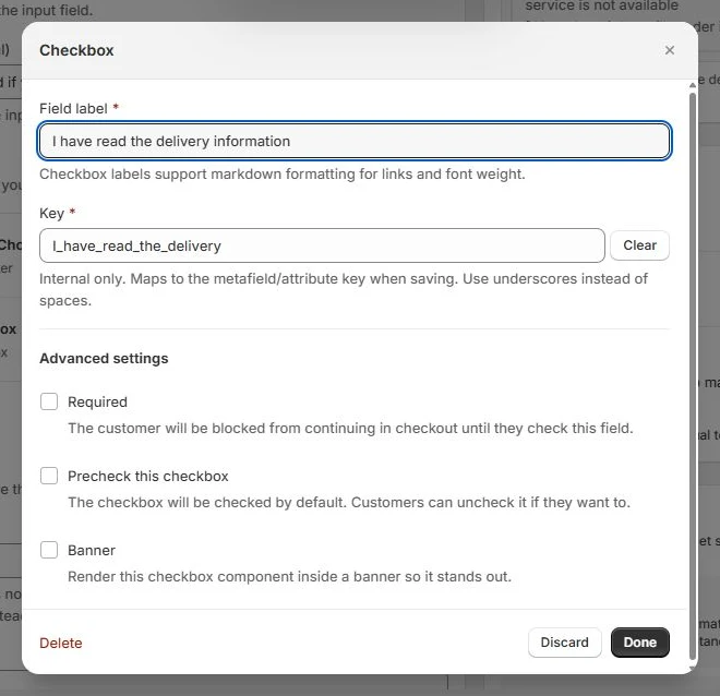 Checkbox configuration in Checkout Components, showing field labels and type-specific controls