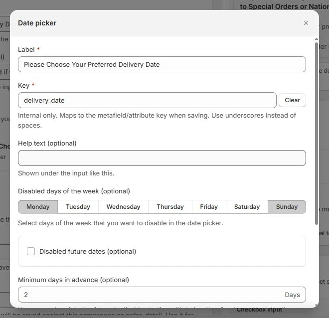 Date picker configuration in Checkout Components, showing field labels and type-specific controls