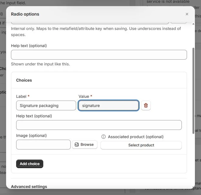 Radio buttons configuration in Checkout Components, showing field labels and type-specific controls