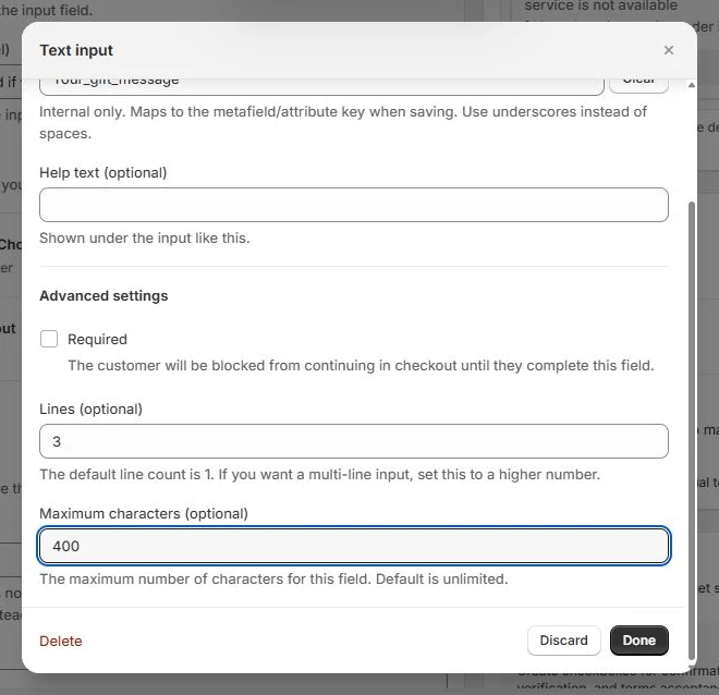 Text field configuration in Checkout Components, showing field labels and type-specific controls
