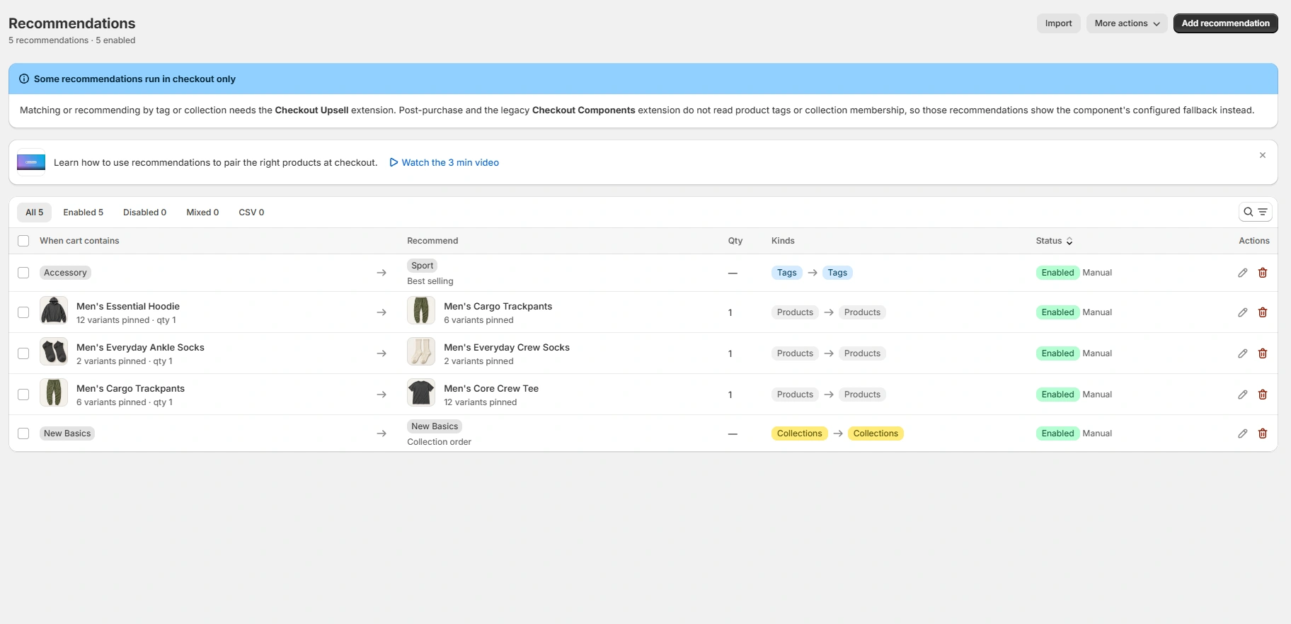 Recommendations overview showing product-to-product, tag-to-tag, and collection-to-collection mappings
