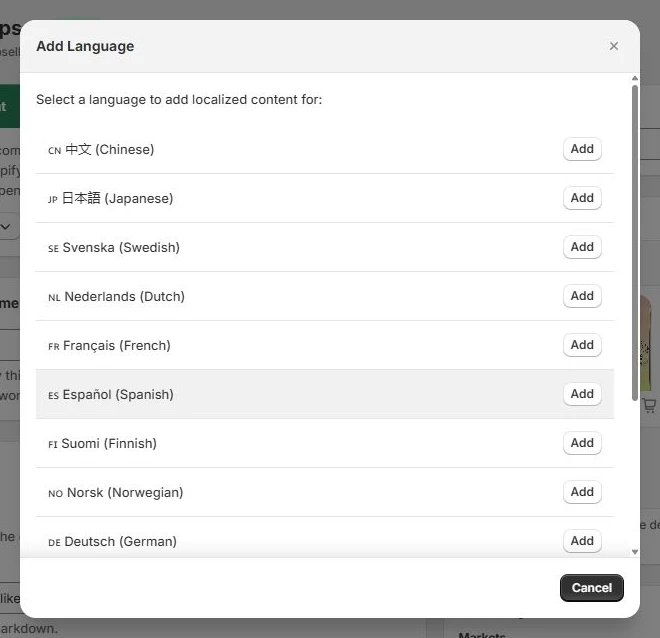 The app's language selector with supported checkout languages