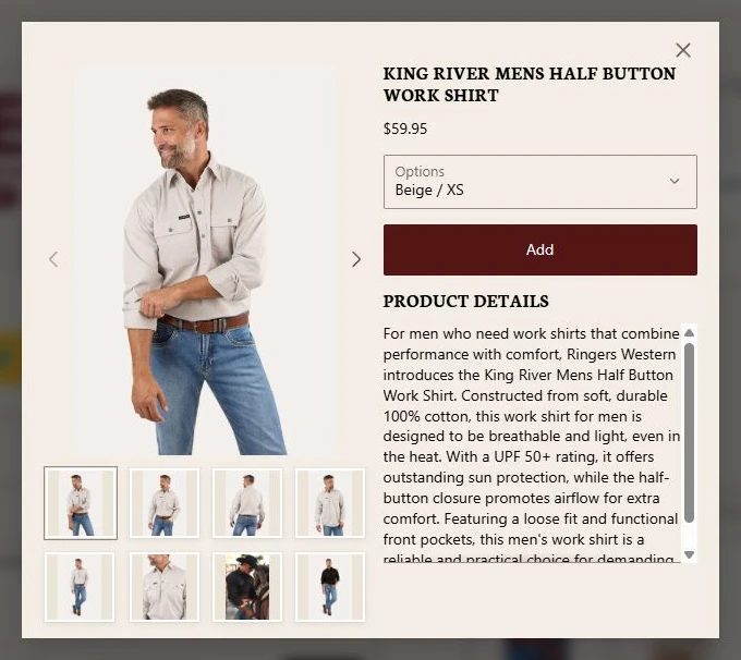 Ringers Western's checkout product modal with images, price, and variant options