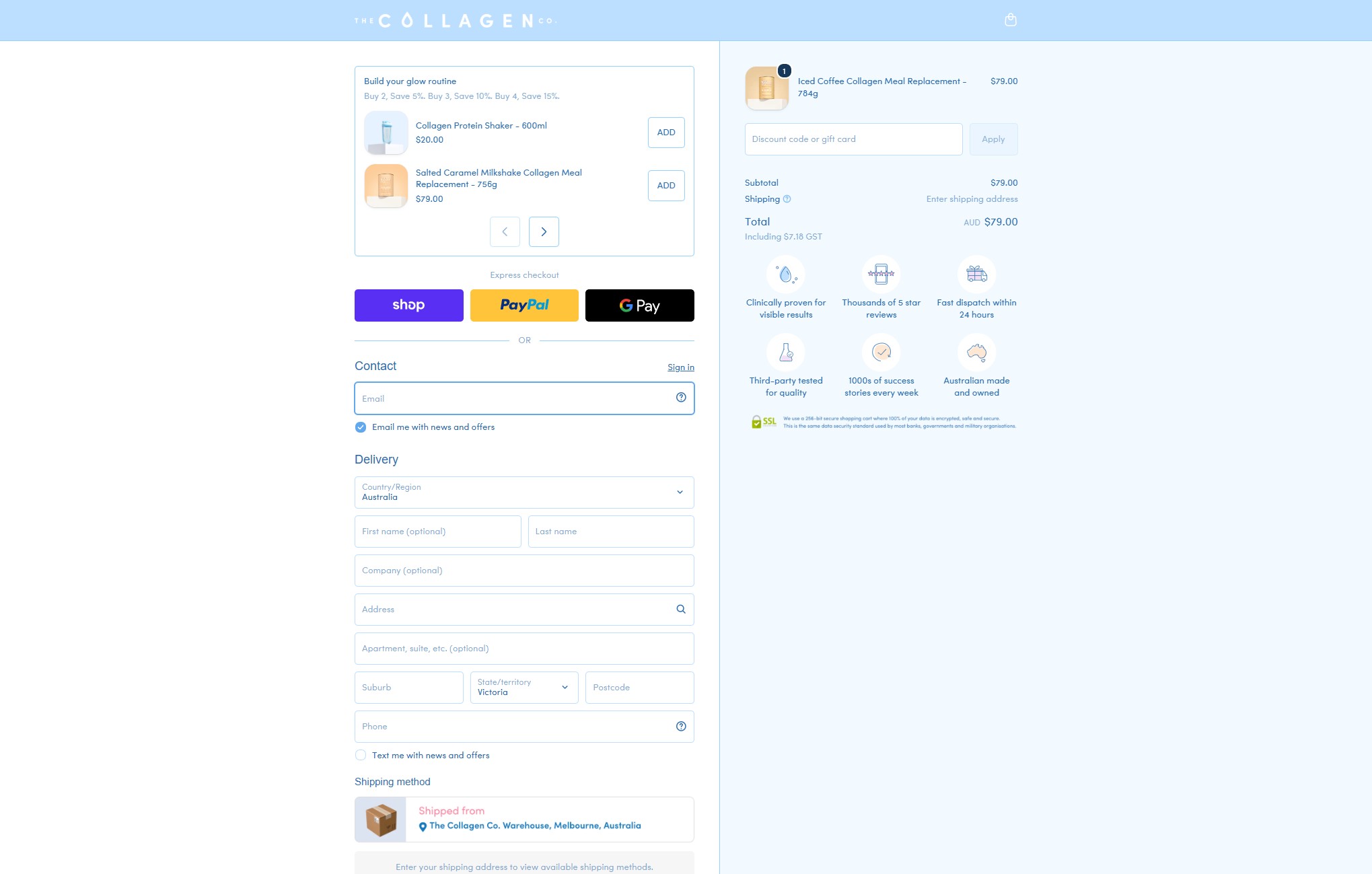 The Collagen Co. checkout with upsell offers