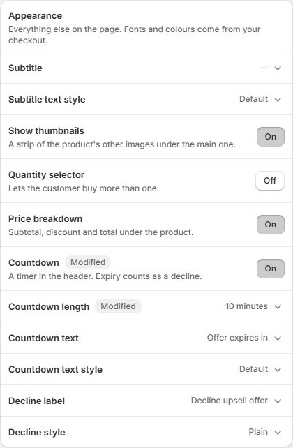 The post-purchase appearance editor with subtitle styling, thumbnails, quantity selector, price breakdown, countdown, and decline controls