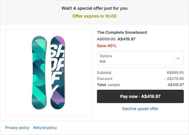 Post-purchase preview showing a snowboard offer, countdown, product options, price breakdown, and accept and decline actions