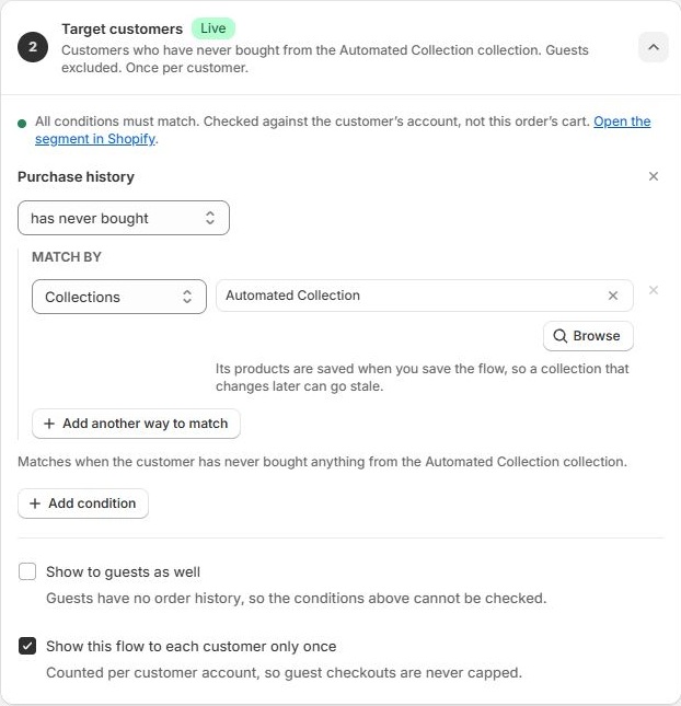Customer targeting in the app, with purchase history, collection matching, guest access, and once-per-customer controls