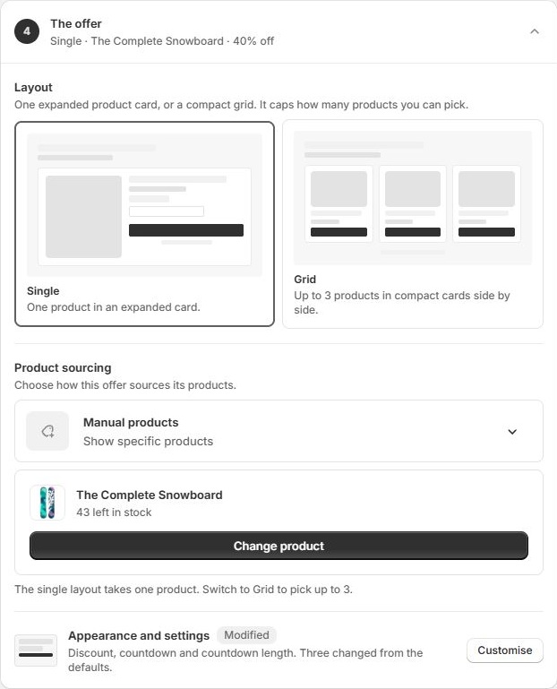 The app's offer editor with Single and Grid layouts, product sourcing, and appearance settings