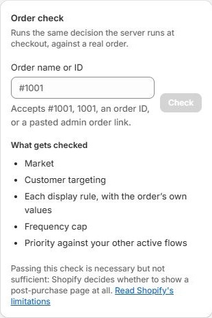 Order check panel showing the order lookup and checks for market, customer targeting, rules, frequency cap, and flow priority